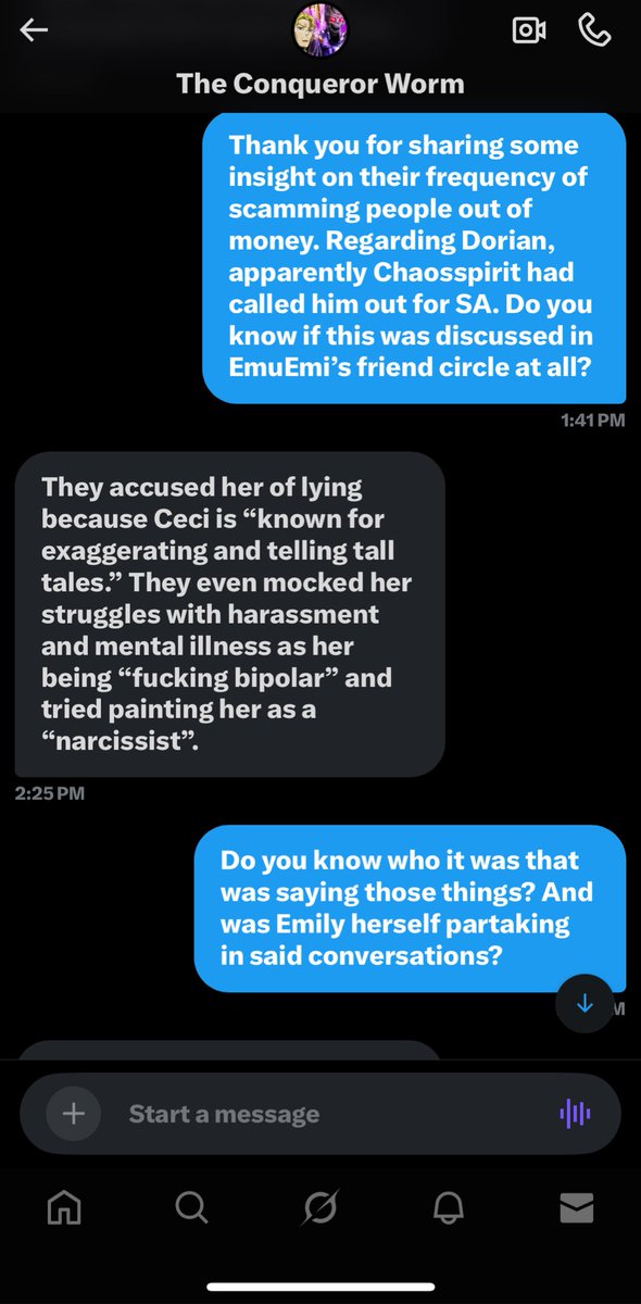 EmiJonesArchive's tweet image. Testimony from an ex friend of Emi Jones reveal that EmuEmi has been covering up alleged sexual harassment since 2017-2018.
According to the testimony, Emi described ChaosSpirit as a liar for attention, “fucking bipolar”, and “narcissistic.”
More screenshots below.🧵