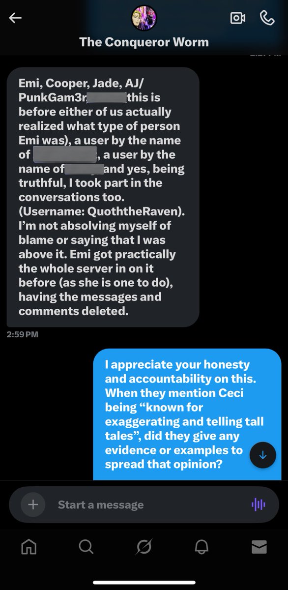 EmiJonesArchive's tweet image. Testimony from an ex friend of Emi Jones reveal that EmuEmi has been covering up alleged sexual harassment since 2017-2018.
According to the testimony, Emi described ChaosSpirit as a liar for attention, “fucking bipolar”, and “narcissistic.”
More screenshots below.🧵