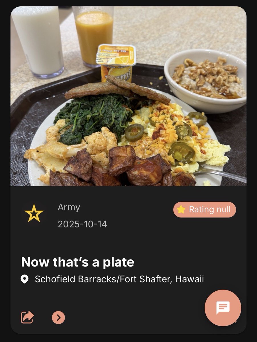 hotscots_app's tweet image. It’s wild some Installations could be pushing out meals like this and others throw up a kiosk. Shout out to @usaghawaii