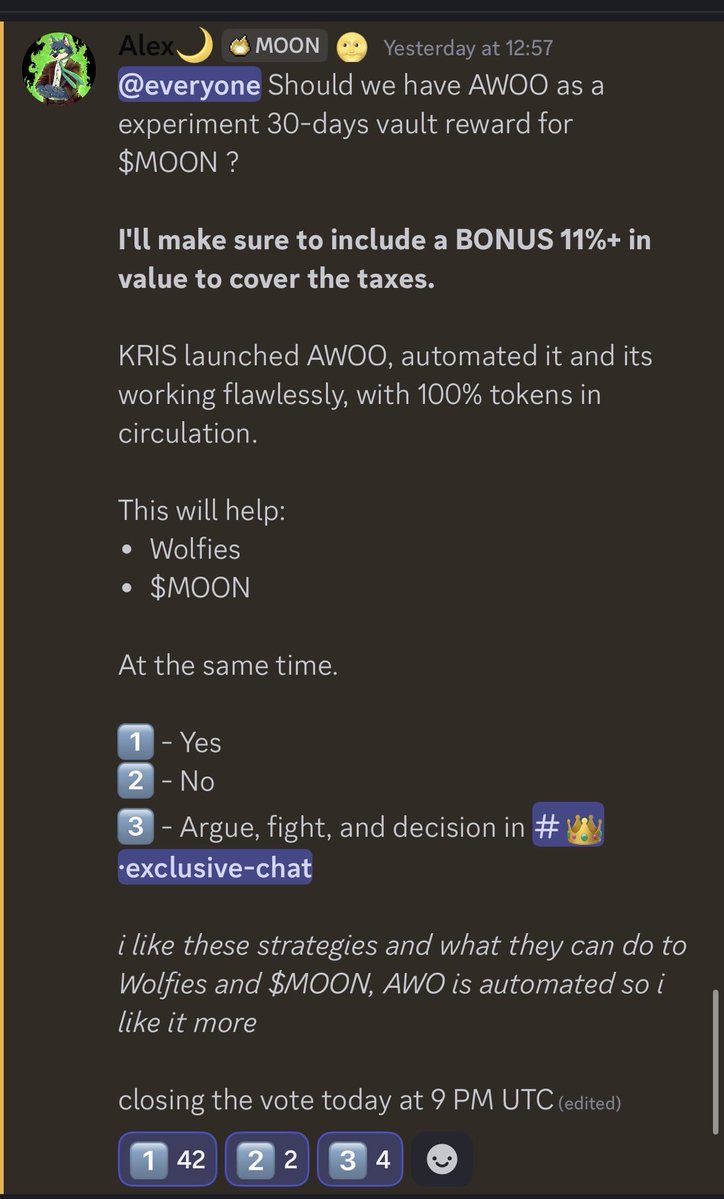axldefi's tweet image. The vote concluded!
The next 30days staking vault of $MOON will give as rewards $AWOO tokens
AWOO works really well on top Wolfies, being one of the two strategies on top of Wolfies
Reminder that AWOO is not from Wolfswap team, but from Kris team, the one that handles the…