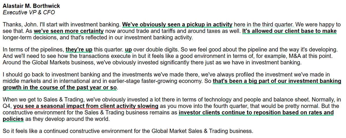 $BAC CFO on the pipeline for Q4: 

"I'll start with investment banking. We've obviously seen a pickup in activity here in the third quarter. We were happy to see that. As we've seen more certainty now around trade and tariffs and around taxes as well. It's allowed our client base