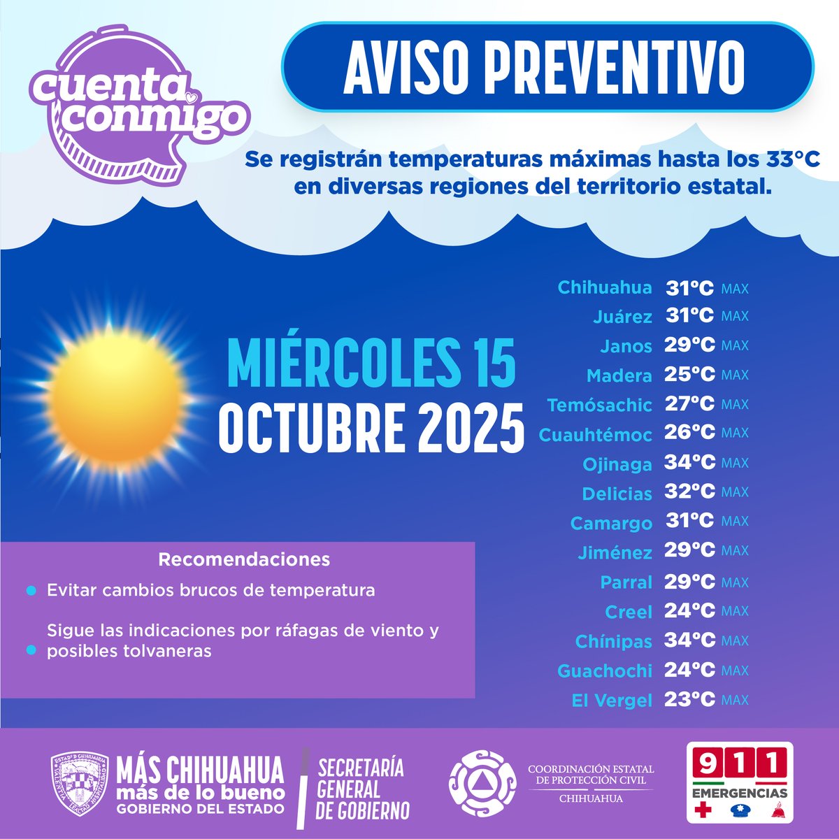 ☀️ #ClimaChihuahua | Este miércoles 15 de octubre:
El frente frío No. 7 y otros sistemas mantendrán ambiente fresco por la mañana y cálido por la tarde, con cielo de despejado a parcialmente nublado.