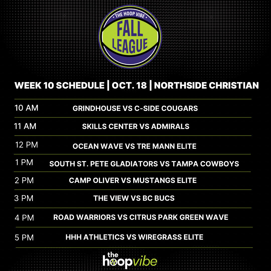 ᴊᴀᴋᴇ ᴘᴇʀᴘᴇʀ (@thehoopvibe) on Twitter photo #HoopVibe Fall League
The Week 🔟 Finale is set for Saturday 
📍Northside Christian (St. Pete)
📆 Saturday, Oct. 18
🔗 Click St. Pete tab - thehoopvibe.com/event/the-hoop… #HoopVibe Fall League
The Week 🔟 Finale is set for Saturday 
📍Northside Christian (St. Pete)
📆 Saturday, Oct. 18
🔗 Click St. Pete tab - thehoopvibe.com/event/the-hoop…