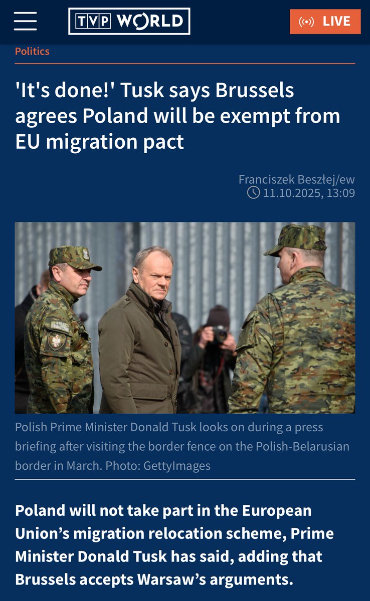 “'Het is gebeurd!' Tusk zegt dat Brussel akkoord gaat met vrijstelling van Polen van het EU-migratiepact.”

Polen kan blijkbaar worden uitgesloten van het nieuwe EU-migratiepact en geheel zelfstandig strenge asielmaatregelen bepalen. Waarom kan Nederland dat niet?