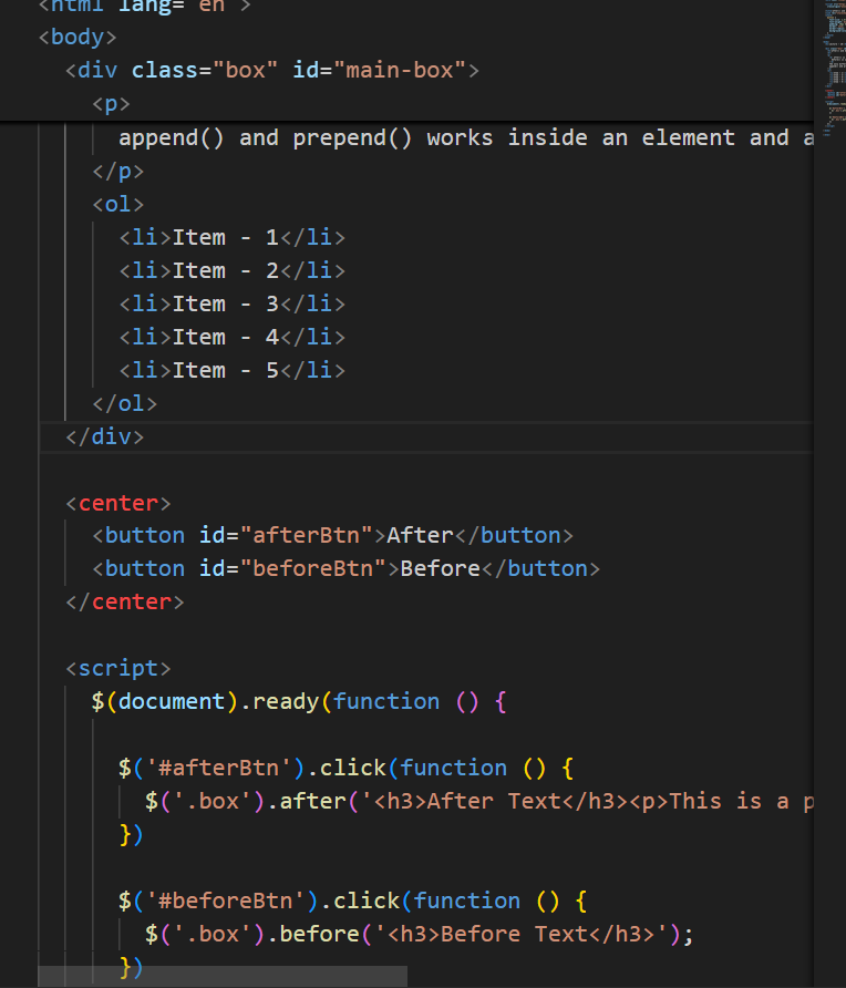 amaresh73013's tweet image. Day 24✅ of #100DaysOfCode 🚀
Today&apos;s Progress -
🔹after() and before() in JQuery
🔹difference between after, before and append, prepend
🔹Below is the example demonstrating its use.

#zigbee #CodingJourney #JavaScript