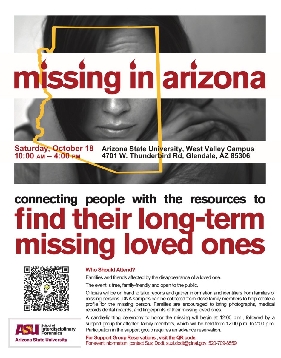 National Center for Missing & Exploited Children (@ncmec) on Twitter photo Families searching for long-term missing loved ones are invited to #MissingInArizona on Oct. 18, 2025 at Arizona State University – West Valley Campus. Free resources + DNA collection available. Families searching for long-term missing loved ones are invited to #MissingInArizona on Oct. 18, 2025 at Arizona State University – West Valley Campus. Free resources + DNA collection available.