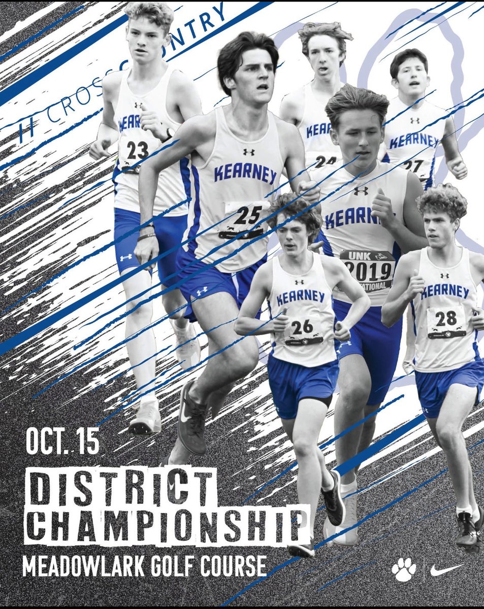 The Kearney High Boys Cross Country team competes today in the District Championship at Meadowlark Golf Course! 🐾

🏃‍♂️ Race Time: 1:30 PM
📍 Location: Meadowlark Golf Course, Kearney, NE

Come cheer on the Bearcats as they race for a trip to State! 🔵🟡

#BearcatPride #BearcatXC