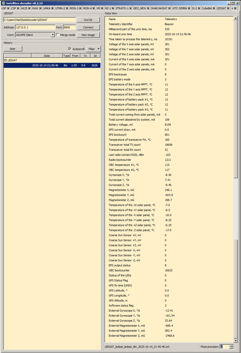 EU1SAT's tweet photo. LEDSAT LAST Decoded Telemetry over KO33ru
2025-10-14 21:45:47 UTC
Replay IQ WAV file
Max. Elev. 13°, Alt. ~191 km according current TLE, QRM
Goodbye #LEDSAT :-(
Congratulations to the team!!!
@LEDSAT_Team @SatNOGS #CubeSat https://t.co/nFIqju2YcR
