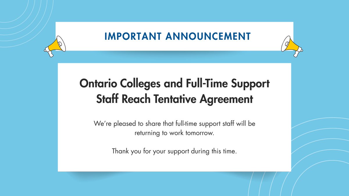 We are pleased to share that the College Employer Council and OPSEU representing full-time support staff employees at all 24 Ontario Colleges, including George Brown have reached a tentative agreement.
Picketing will stop immediately, and we look forward to welcoming our