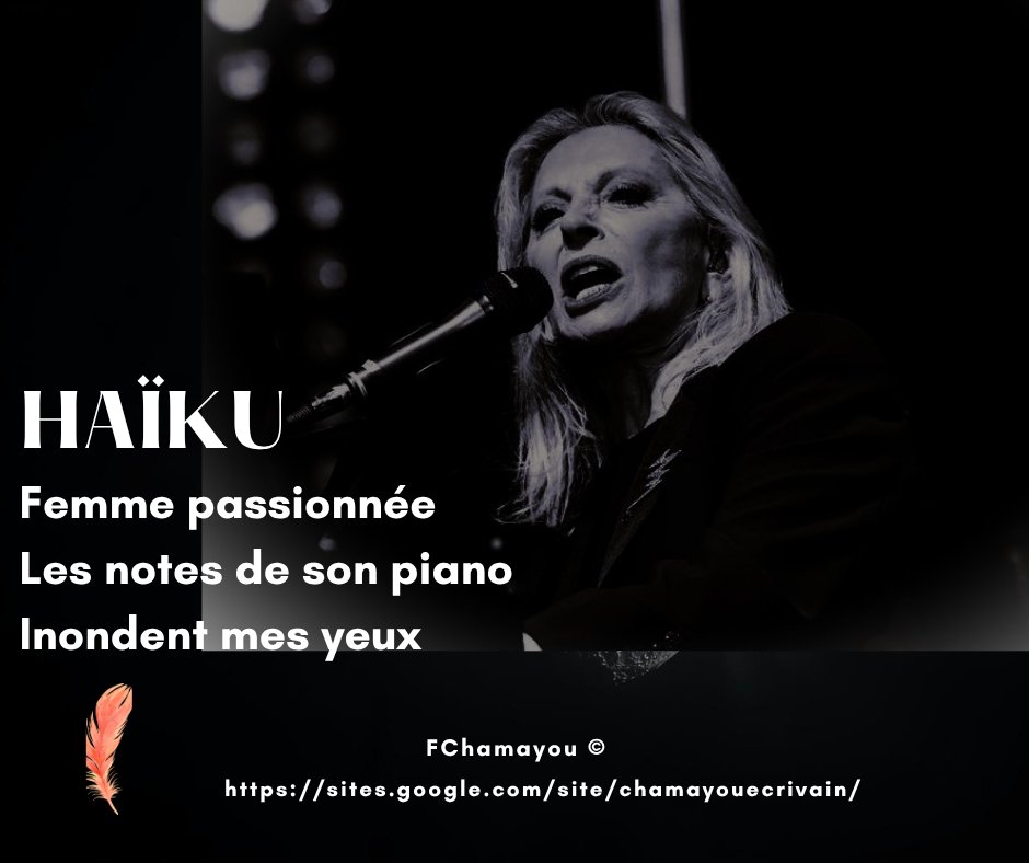 Frédérique CHAMAYOU, écrivaine (@chamayouecrit) on Twitter photo Femme passionnée
Les notes de son piano
Inondent mes yeux
🖋FChamayou  © 🌸
sites.google.com/site/chamayoue…
#poésie #littérature #mots #phrases #texte #lecture #poème #haïku #veroniquesanson #musique Femme passionnée
Les notes de son piano
Inondent mes yeux
🖋FChamayou  © 🌸
sites.google.com/site/chamayoue…
#poésie #littérature #mots #phrases #texte #lecture #poème #haïku #veroniquesanson #musique