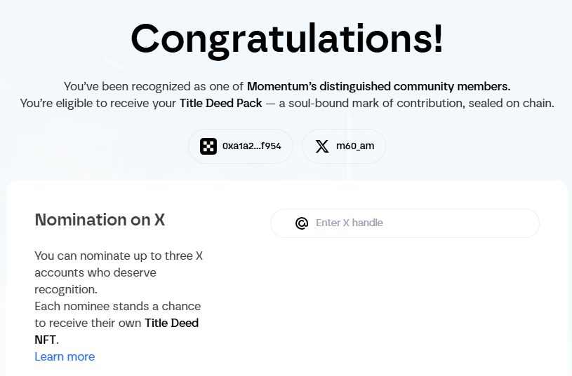 우왕 저도 모멘텀 Deed NFT 득템했읍니다!
저는 운좋게도 리더보드 탑 100 부문에서 TVL 100위권 안에 들어 받은듯 합니다!
전일 스냅샷때는 90등이었는데 귀찮아서 TVL 안채워놨다면
못받을 수도 있었겠다는 생각이 드네여 ㄷㄷ

여튼 잘 먹겠읍니다. <a href="/MMTFinance/">MomentumⓂ️Ⓜ️T</a> 아리갓두.
추가로 팀전 껴주실분