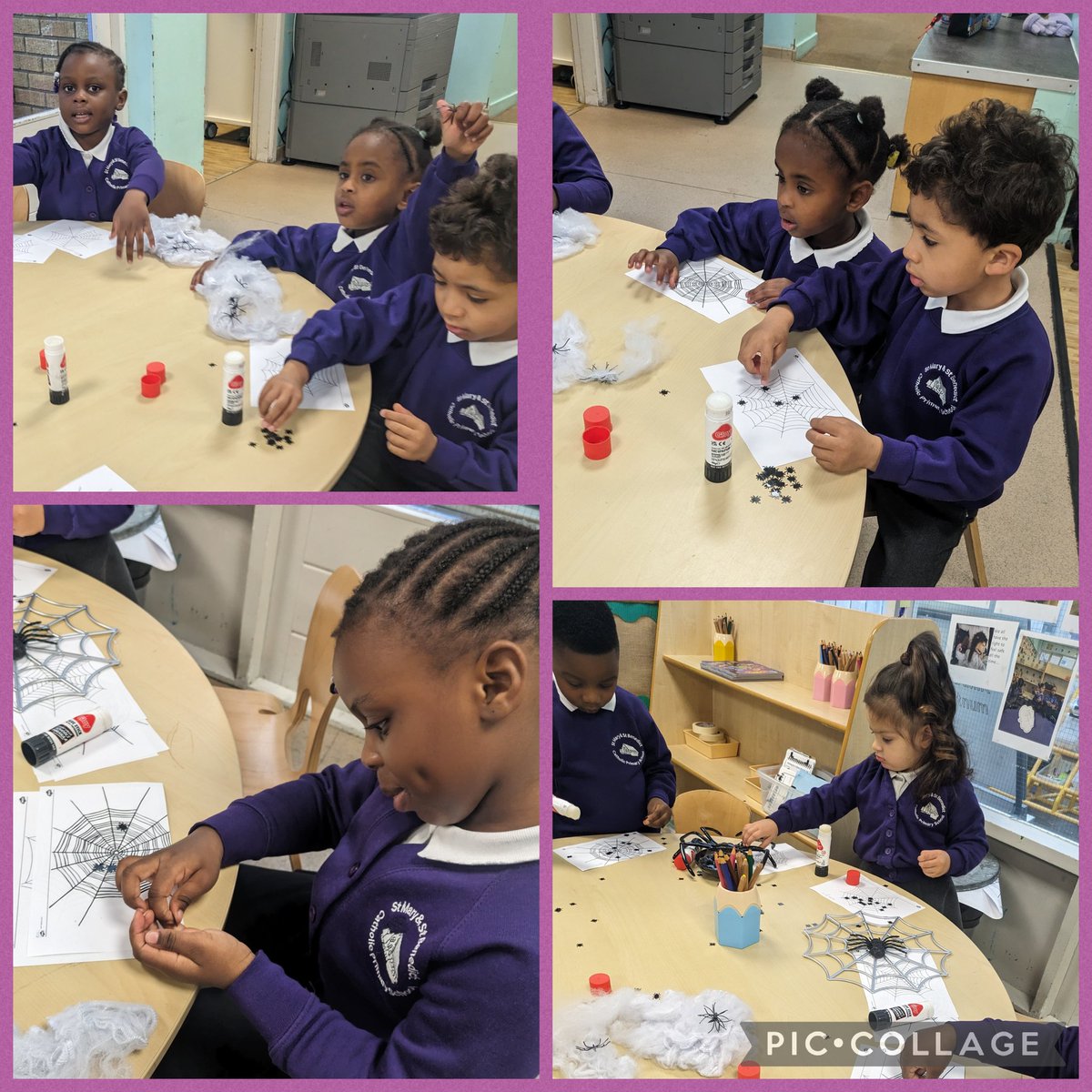 StMaryStBen's tweet photo. Nursery children had so much fun sticking spiders into their webs today! 🕷️🕸️ A great way to explore creativity and fine motor skills while following their interests. 🌟 #InvitationToPlay #Create #FineMotorSkills #Spiders #FollowingChildrensInterests #PlayingIsLearning https://t.co/IxN9aM3sks