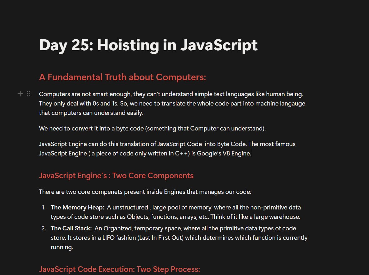 ImRoShan1845's tweet image. Day 25: Hoisting in JavaScript
1. GEC ( Global Execution Context) and FEC (Function Execution Context).
2. Memory Allocation Phase and Execution Phase.
3. Hoisting in var VS Hoisting in Let and Const.
@rohit_negi9 
#WebDev  #SoftwareEngineering