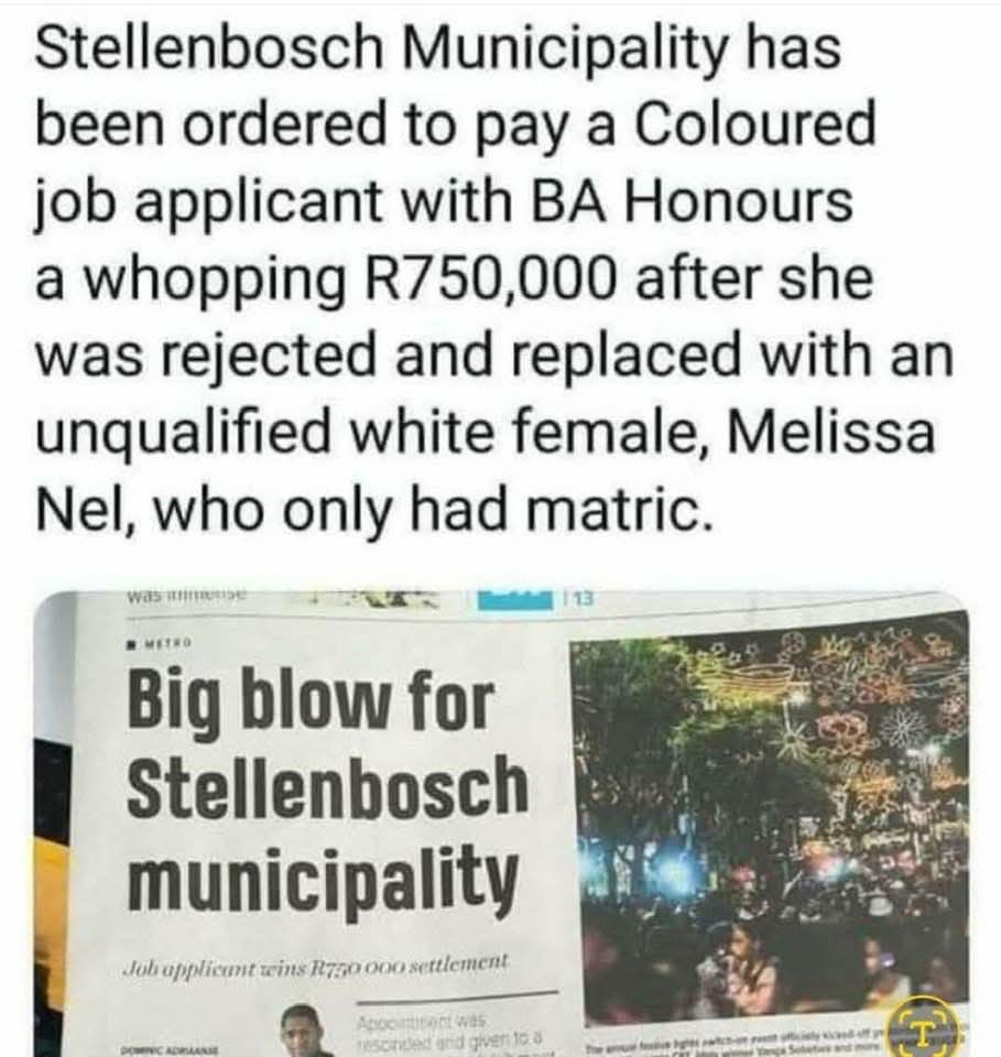 kgosi_maepa's tweet image. BREAKING NEWS: DA led Stellenbosch municipality's racial exclusivity punished by the court!

@Our_DA led Stellenbosch Municipality is bad. We shouldn't learn anything from them. DA municipalities thrive on racism and exclusion. - see pic.

Voters must stay very far away from DA!
