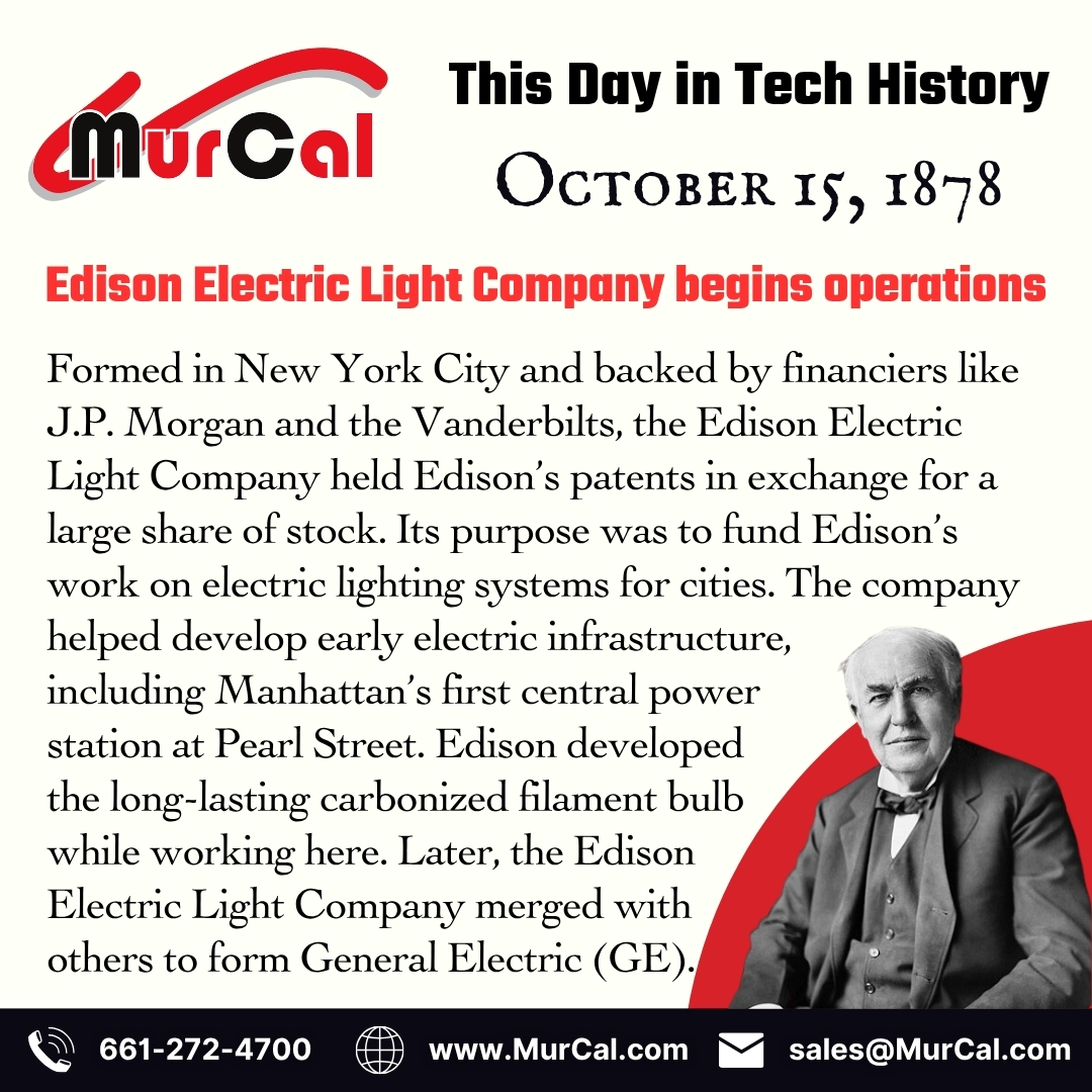 murcal's tweet image. 🔌✨ This Day in Tech History – Brought to you by MurCal.com 🔧 — powering innovation every day!
October 15, 1878  -The Edison Electric Light Company lit the way for modern life when it began operations in New York City

#ThisDayInTech #Edison #TechHistory #OnThisDay