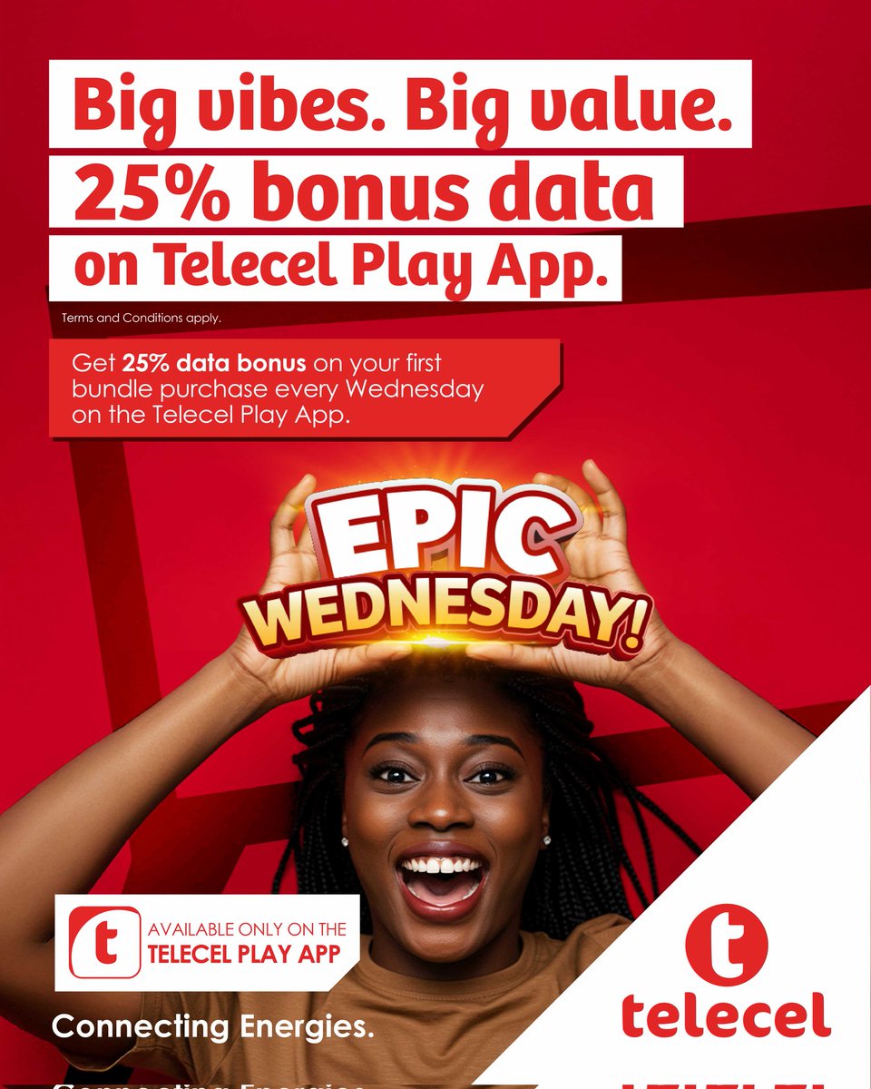 Big Energy. Big Bonus! 
Join the Epic Wednesday vibes and enjoy 25% bonus data on your first bundle purchase every Wednesday. Available only on the Telecel Play App.