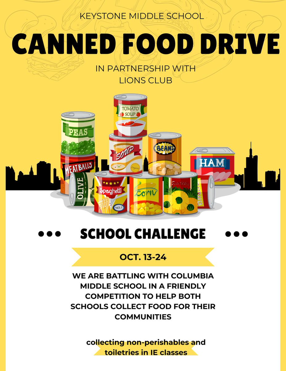 KMS is collecting canned foods and toiletries now until Oct 24! Join us as we battle Columbia to collect the most donations!
