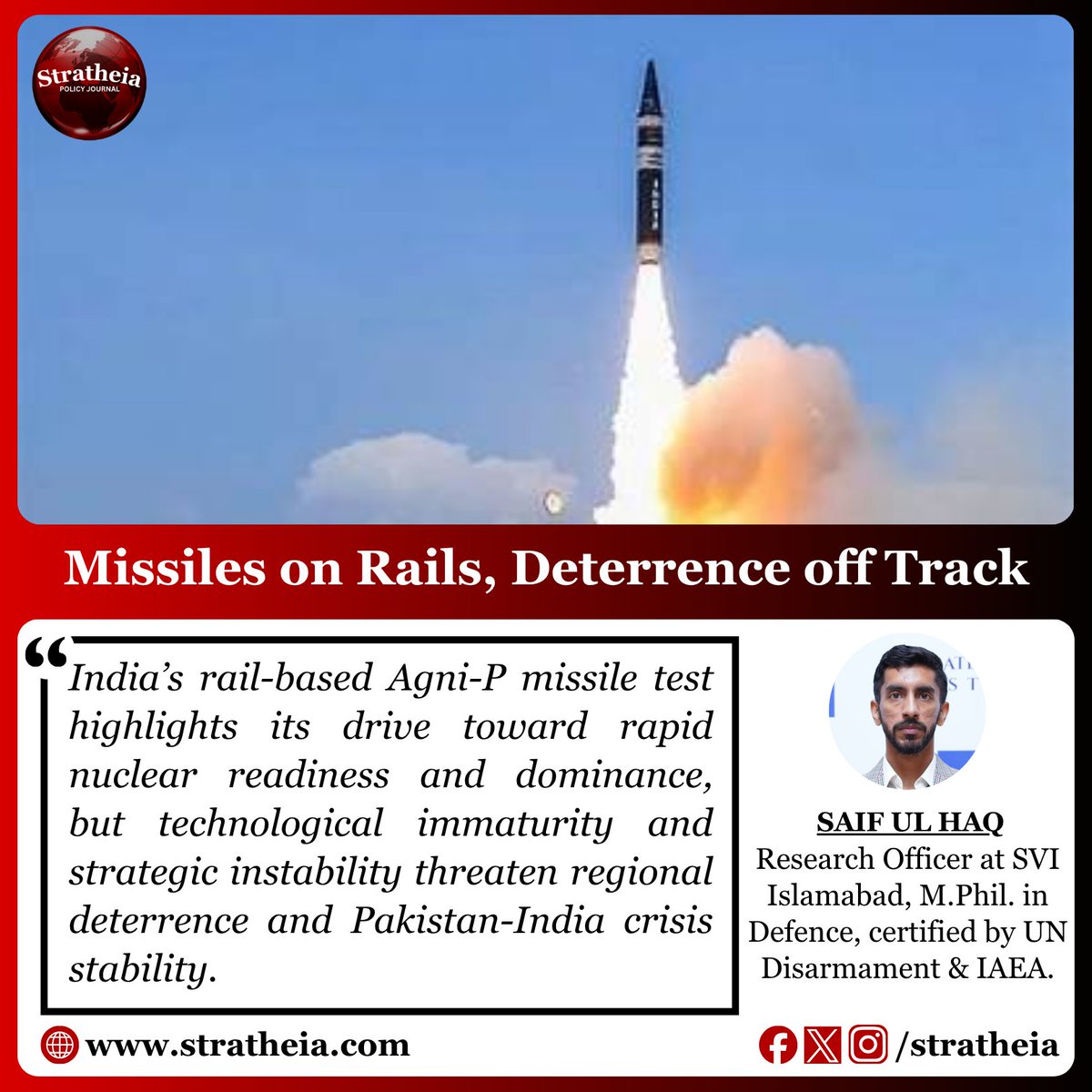 stratheia's tweet image. India’s Agni-P rail-based test marks a shift toward a “ready arsenal,” raising serious concerns over regional nuclear stability.
#AgniP #StrategicStability #SouthAsia 
Read Full Article: stratheia.com/missiles-on-ra…