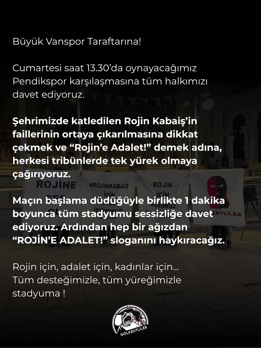 Tüm halkımızı Rojin’e Adalet demek için stadyuma davet ediyoruz. 

#RojineAdalet