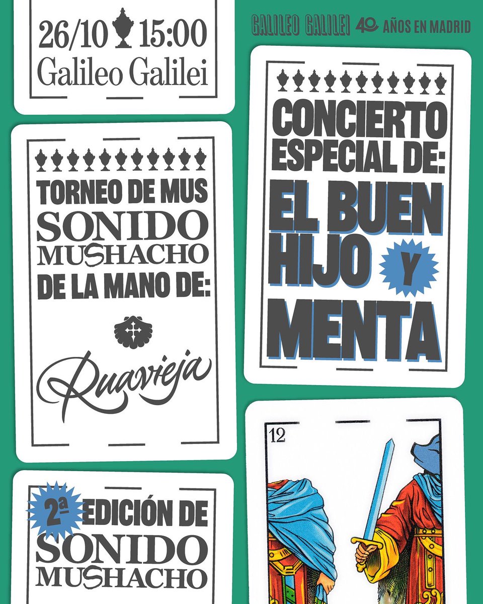 🎴 MUSHACHO, VOLVEMOS!
Torneo de Mus en Galileo Galilei + conciertos de El Buen Hijo y <a href="/merentamenta/">Menta</a> , con <a href="/Ruavieja/">Ruavieja</a> 
🕓 Empieza a las 16:00
🎟️ Entradas para jugar o disfrutar del plan
Baraja en mano, copa en la otra: ticketfever.es/events/torneo-… 🥃