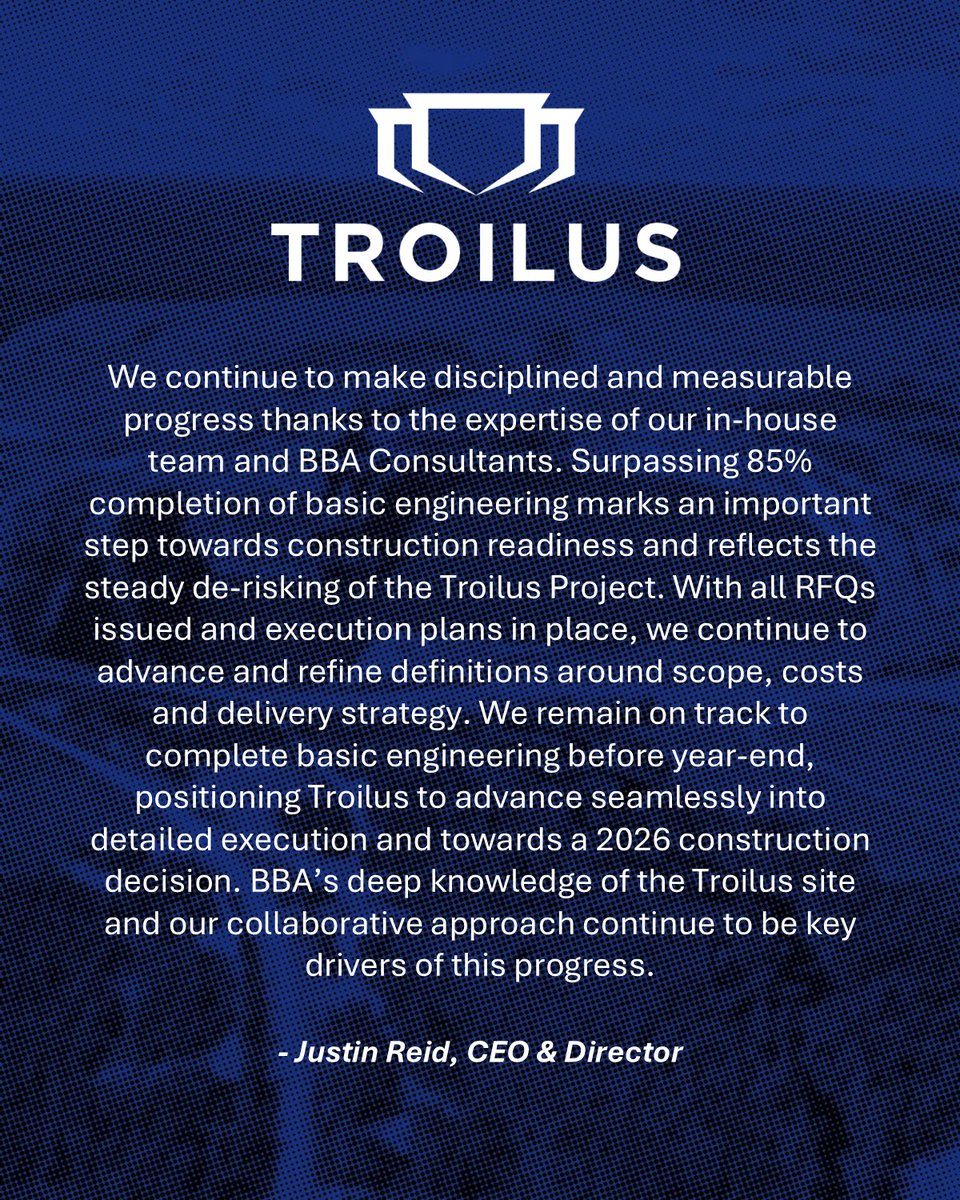 Troilus surpasses 85% completion of basic engineering with BBA; project on schedule and advancing towards construction readiness.

Read the news here: troilusgold.com/news-and-media…
-------------------------------------
Troilus dépasse 85 % de l’ingénierie de base avec BBA; le projet
