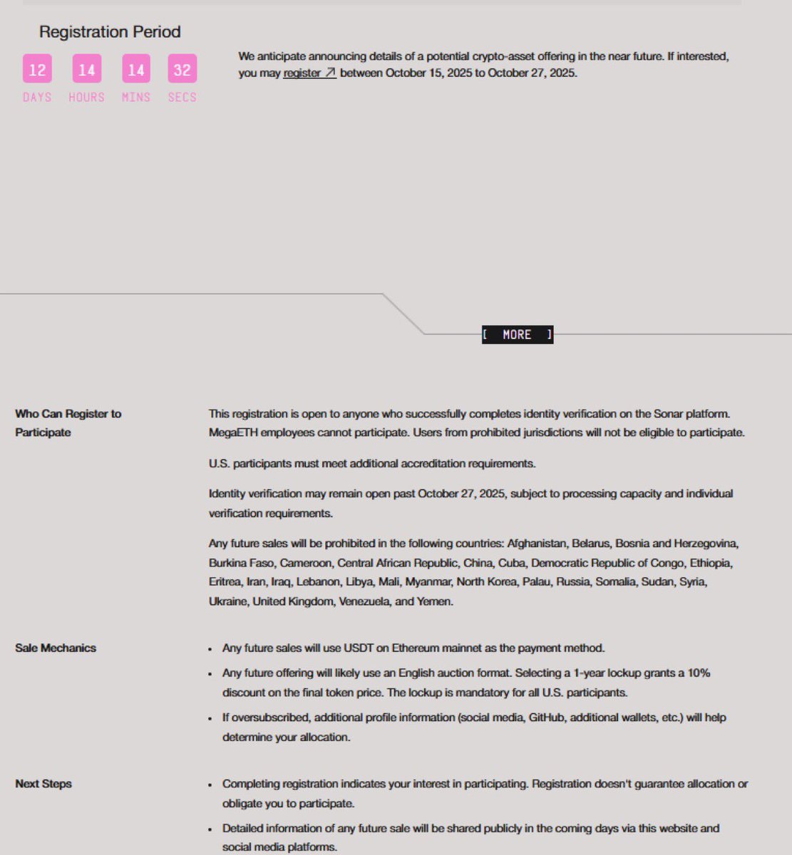 apparently, here are the megaeth ico details 

you must register on <a href="/echodotxyz/">echo</a> from october 15 to october 27

option: 1y lockup to receive a 10% discount on the token price

if sale is oversubscribed, they’ll take into consideration:
- socials
- github
- connected wallets