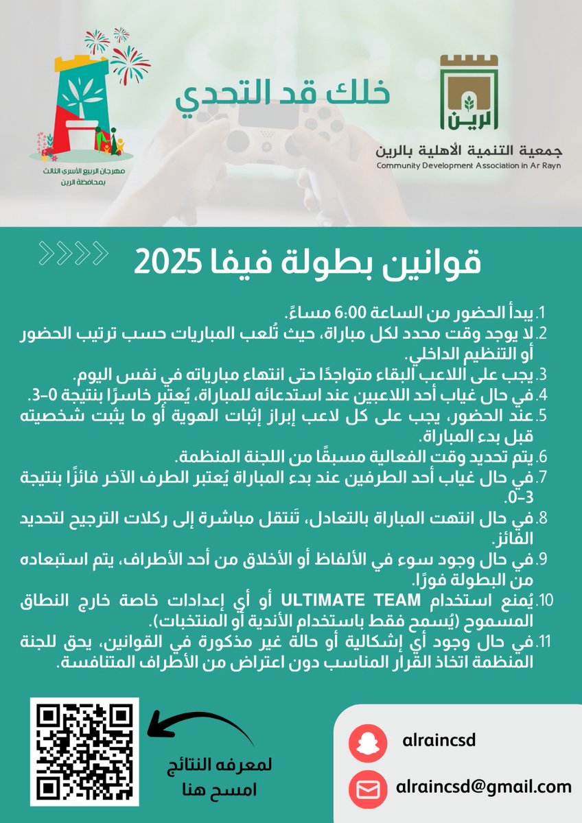 alraincsd's tweet photo. ضمن فعاليات المهرجان الأسري الثالث في محافظة الرين
أقمنا بطولة FIFA PlayStation بمشاركة واسعة من الشباب ومحبي المنافسة 👏
تابع نتائج المباريات وتقدّم المتسابقين عبر الرابط التالي:
🔗 https://t.co/lnHNhYTgvh

#المهرجان_الأسري_الثالث #الرين #بطولة_FIFA #ألعاب_إلكترونيه https://t.co/HiJc5bGz0z