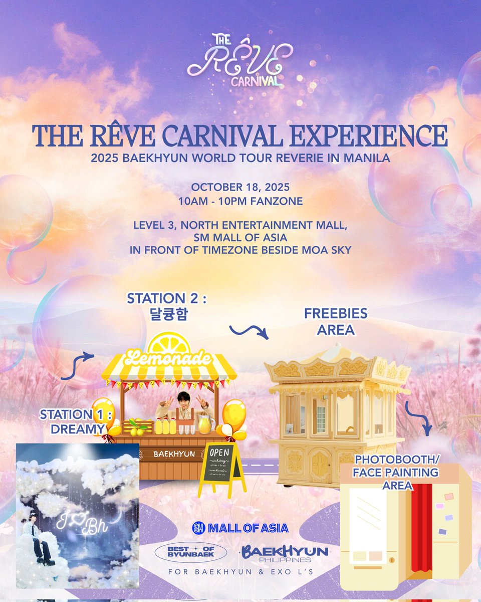 #TheReveCarnival presents The Rêve Carnival Experience, our fanzone for #ReverieMANILA!

Brought to you by <a href="/bestofbyunbaek/">best of 백현이</a> and <a href="/baekhyunphl/">BAEKHYUN Philippines</a> with <a href="/TheMallofAsia/">SM Mall of Asia</a> ✨️

Let’s share a truly dreamy carnival experience together! 🩵

#백현 #BAEKHYUN #ReverieTour
