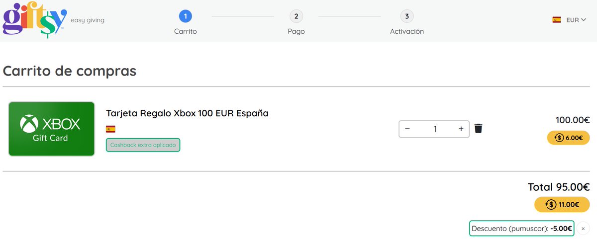 SUPER DESCUENTO CON <a href="/giftsy_es/">giftsy_es</a> !!!!

🔥Pillas tu tarjeta de 100€ de cualquier plataforma, con el código PUMUSCOR 5% de dto.

🤑Y con el Cashback de Zen te devuelven hasta 11€

✅Pues GG!!!

➡️Link: giftsy.com/es/tarjetas-re…