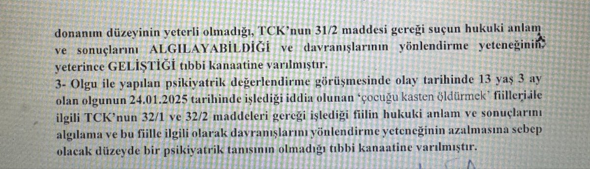 Mattia Ahmet Minguzzi evladımızın katli nedeniyle devam eden davada, 13 yaşında olan sanık A.Ö.’nin ceza ehliyeti hususundaki rapor tamamlandı.
9 Eylül Üniversitesi Tıp Fakültesi Adli Tıp Anabilim Dalı Kurulu’nun 14.10.2025 tarihli raporu ile sanığın “atılı kasten öldürme
