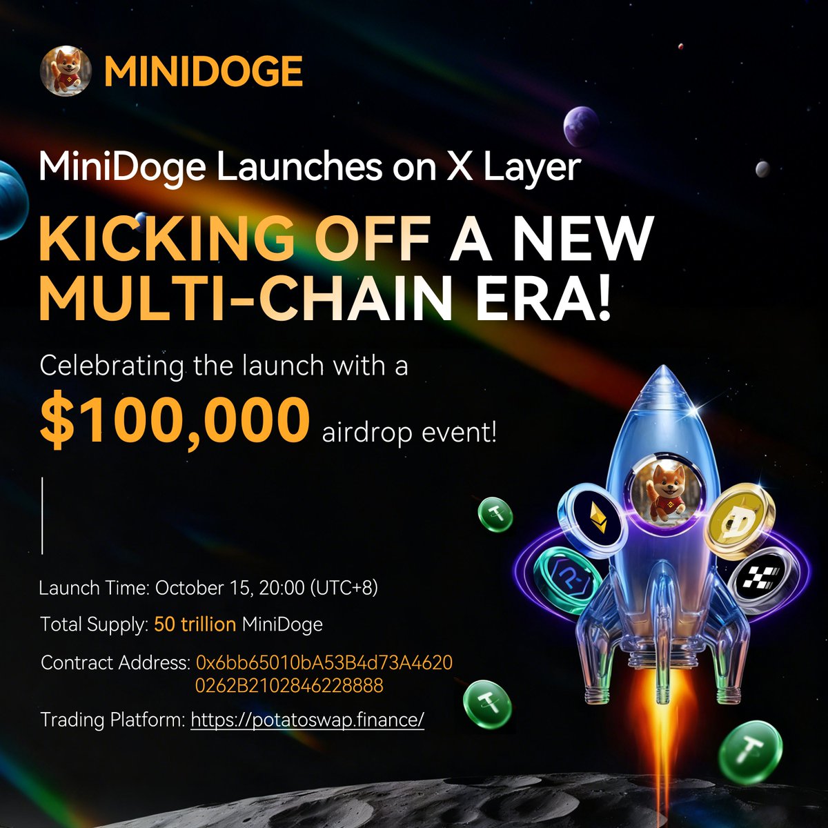 Minidoge_Global's tweet image. 🚀 MiniDoge is officially live on X Layer
A new multi-chain era begins — and we’re celebrating with a $100,000 airdrop
MiniDoge goes live tonight at 20:00 (UTC+8) on X Layer, marking a key milestone in our cross-chain journey.
To thank our global supporters, we’re giving away a…