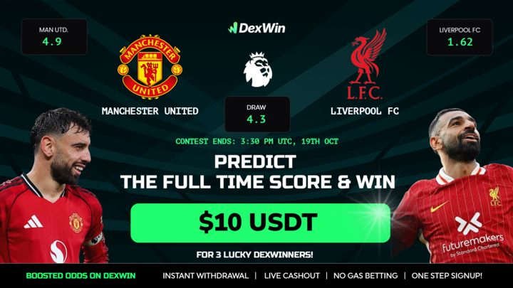 🏆DexWin Predict &amp; Win🏆
Premier League Showdown!
⚽️ Manchester United vs Liverpool ⚽️

🏅How to participate:⏬
1⃣Follow <a href="/DexWin_Sports/">DexWin Crypto Betting</a> 
2⃣❤️+🔁RT this post
3⃣ Comment the FULL Time Score + Tag 2 Friends 🌟
⚡️Only 1 entry per account. Multiple entries &amp; duplicate accounts will be