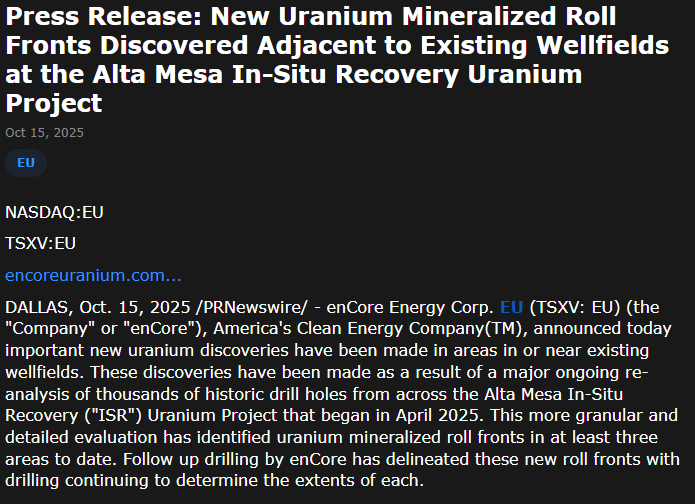 enCore Energy $EU has entered the Chat ...