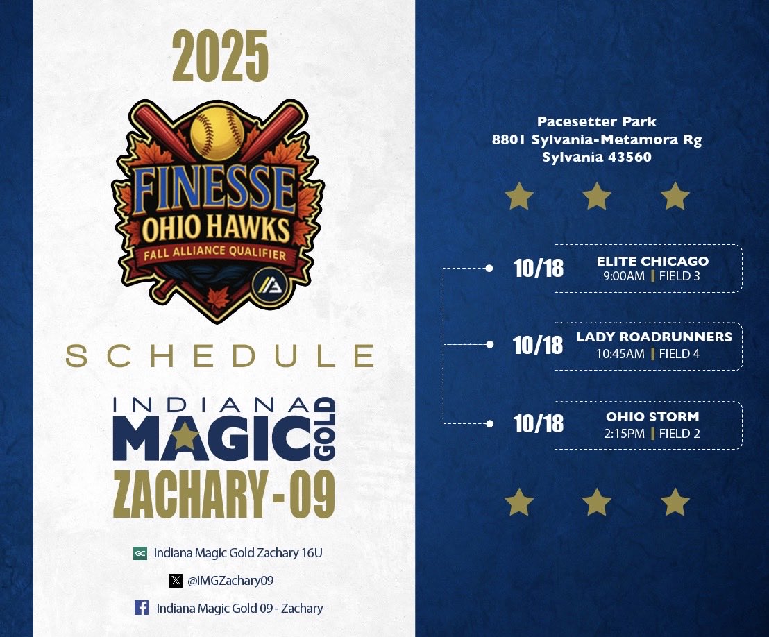 Our schedule for this weekend!! Can’t wait!!
<a href="/IMGZachary09/">Indiana Magic Gold 27/28 - Zachary</a> 
<a href="/PSB_PennHS/">PENN KINGSMEN SOFTBALL</a>