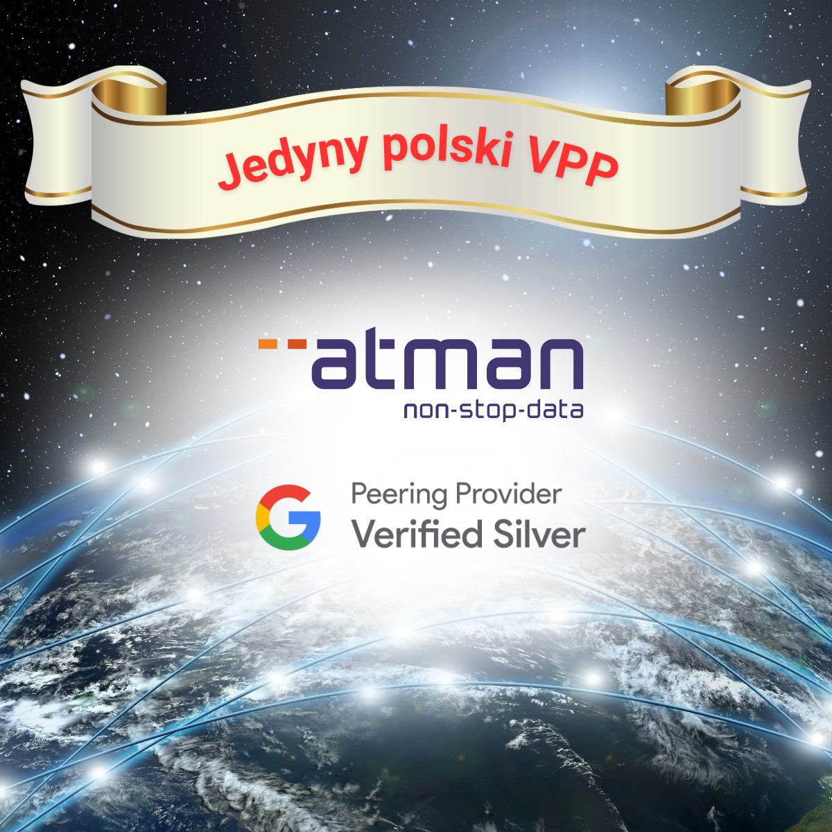 🎉 Atman został 𝗚𝗼𝗼𝗴𝗹𝗲 𝗩𝗲𝗿𝗶𝗳𝗶𝗲𝗱 𝗣𝗲𝗲𝗿𝗶𝗻𝗴 𝗣𝗿𝗼𝘃𝗶𝗱𝗲𝗿 – jako jedyny polski operator!

Dołączyliśmy do elitarnego programu Verified Peering Provider ze statusem Silver, co potwierdza najwyższą jakość, stabilność i wydajność naszych połączeń z usługami