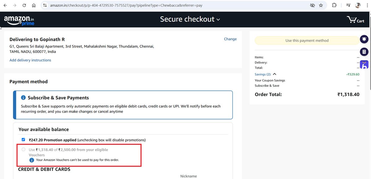 rgopi's tweet photo. @amazonIN I'm not able to use Gift Card Balance to any order. https://t.co/3lTeoXH8rr