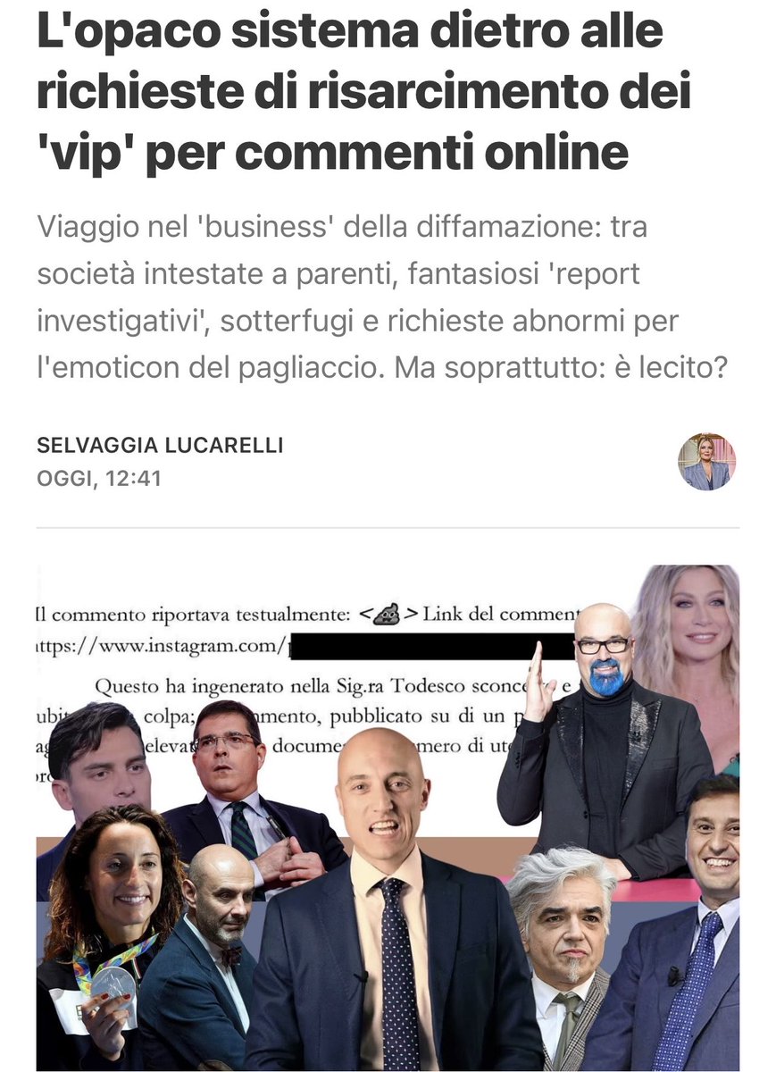 Il mio approfondimento sul 'business' della diffamazione che piace a Parenzo: tra società intestate a parenti, fantasiosi 'report investigativi', sotterfugi e richieste abnormi per l'emoticon del pagliaccio. Ma soprattutto: è lecito? (Link nel primo commento)