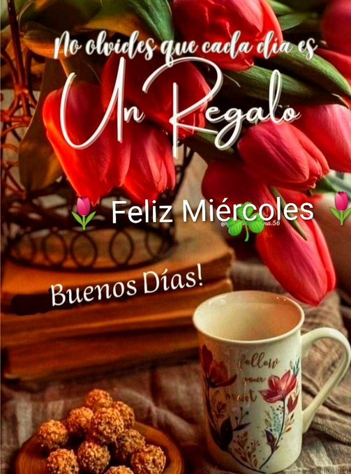 Bouquet of vibrant red tulips with green leaves arranged in a vase on a wooden table. White ceramic mug filled with steaming coffee placed nearby. Small white bowl containing several round brown treats coated in sesame seeds. Text overlay in Spanish stating No olvides que cada dia es un regalo Feliz Miercoles buenos dias. Subtle floral patterns on the mug.