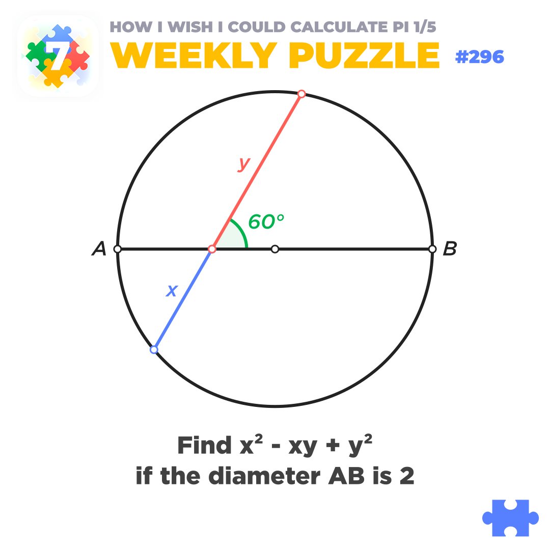 euclidea_app's tweet image. #euclidea_puzzle_296
New series "How I wish I could calculate PI" 😌
🎓A circle has diameter 2. A chord meets the diameter at a 60° angle and is split by the diameter into segments of lengths x and y. Find x² - xy + y².
Solutions are accepted until 13:00 UTC on Tuesday.