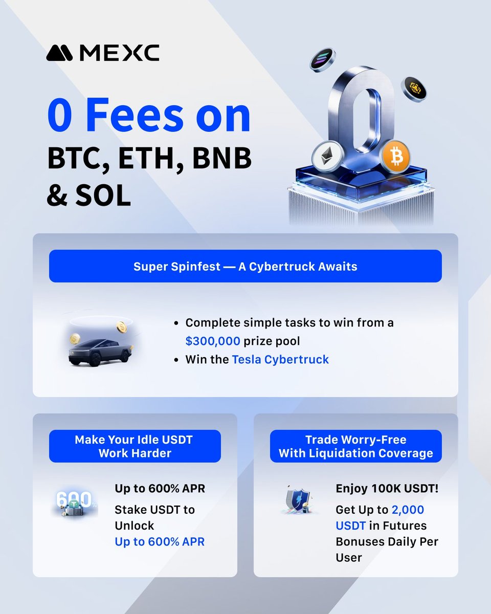 BTC, ETH, BNB &amp; SOL 0-Fee Trading is live! 🎉
Enjoy tons of exclusive rewards in this 0-fee campaign!
📅0-Fee Period: Oct 15, 2025, 16:00 (UTC) – Nov 14, 2025, 16:00 (UTC)

Main Campaign Highlights ✨：

💸 0-Fee Futures Trading: BTC, ETH, BNB &amp; SOL perpetual pairs
🎡 Lucky Spin: