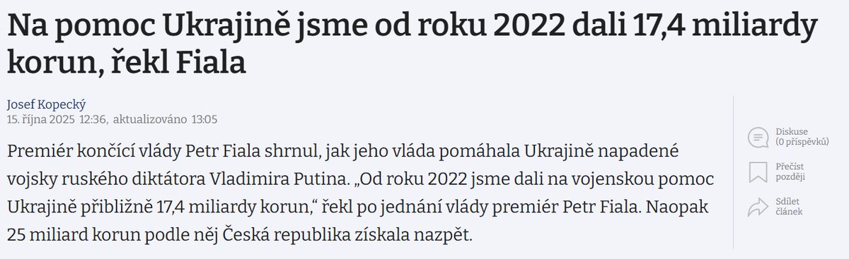 Tohle je ostuda a hanba celé vlády SPOLU a <a href="/P_Fiala/">Petr Fiala</a> obzvlášť. Plná huba keců o pomoci Ukrajině a nebezpečí války, ale napadené zemi téměř nepomáhali. 17,4 mld za 3 roky? Výsměch! Připomínám, že schodky rozpočtu ale dělali cca 270 miliard ročně!