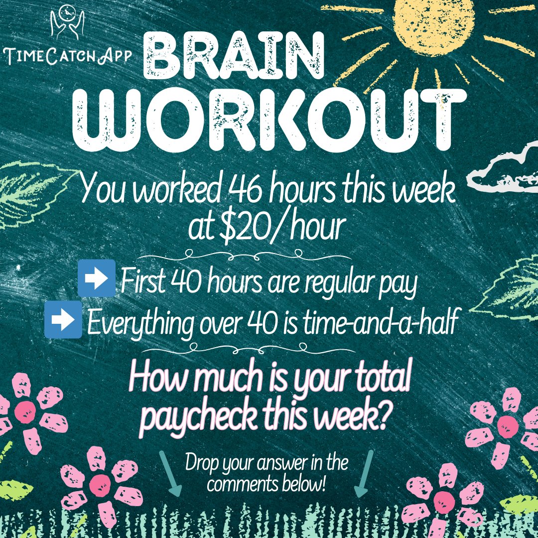 TimeCatchEasy's tweet image. 🧮Calculating overtime can be difficult, time consuming and you may even end up doing the math wrong by mistake! 

😉That’s why we developed TimeCatchApp! 

✍️ Sign up now for FREE at timecatchapp.com 

✅Oh, and the answers $980 

#TimeTracking #FreelancerLife