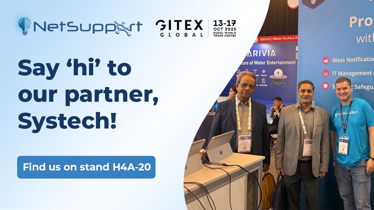 NetSupport_Corp's tweet image. Say 'hi' to our brilliant partner, @SYSTECHTECHNOCR, at @GITEX_GLOBAL! 👋
📍 Find us on Stand H4A-20
#NetSupport #Systech #PartnerPower #GITEX #DubaiWorldTradeCentre