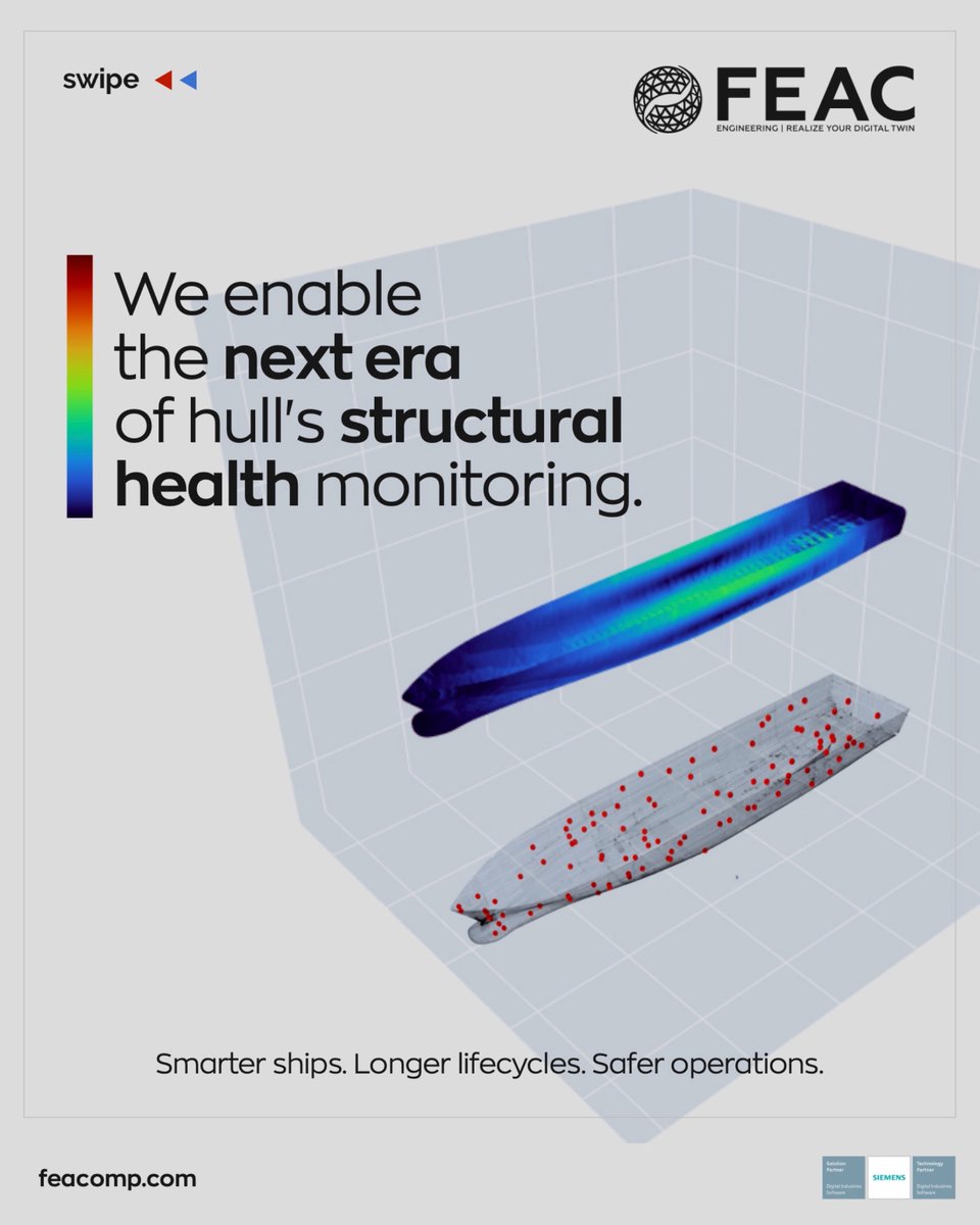 FEACEngineering's tweet image. The future of maritime safety and performance lies in real-time insights. We’re taking ship hull monitoring to a new level by combining 𝐀𝐈-𝐭𝐫𝐚𝐢𝐧𝐞𝐝 𝐃𝐢𝐠𝐢𝐭𝐚𝐥 𝐓𝐰𝐢𝐧𝐬 with the power of @siemenssoftware Xcelerator portfolio.  

#SiemensNX #Simcenter3D #StarCCMPlus