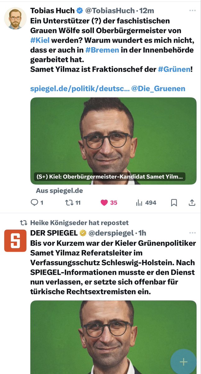 Wie braun ist grün? 🤔

Ähm, er musste seinen Job beim Verfassungsschutz quittieren, weil er sich offenbar für türkische Rechtsextreme einsetzt und nun soll Samet Yilmaz Oberbürgermeister von Kiel werden?

Läuft in Deutschland…