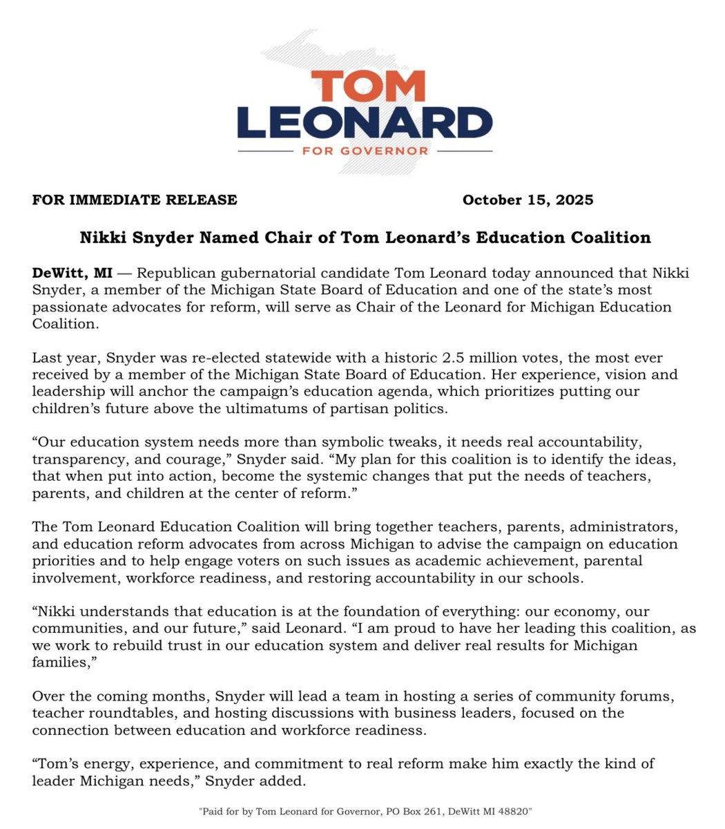 Education is the foundation of our future. That’s why our campaign has made education reform a top priority.

Proud to have State Board of Ed member Nikki Snyder chair our Education Coalition.

Together, we’re building ‘The Path Forward’ — real solutions for Michigan’s future.