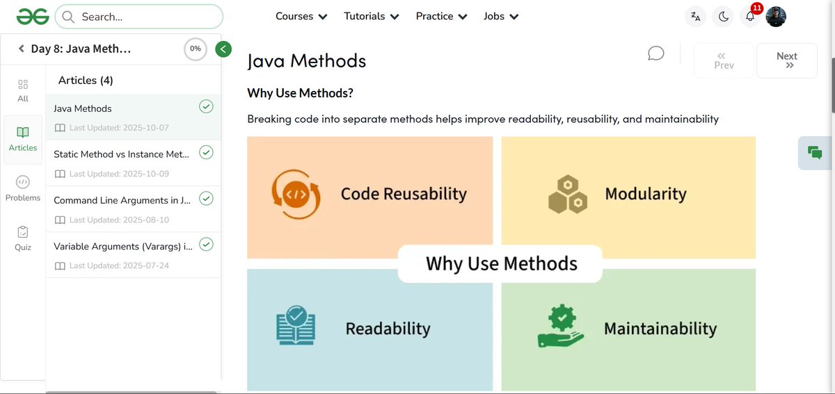 amanhaidry's tweet image. #Java from @geeksforgeeks 🚀
✅Methods
✅Static Method vs Instance Method
✅Command Line Arguments
✅Variable Arguments (Varargs)
#100DaysOfCode #JavaDev #programmer #CodingJourney #CodingLife #LearnInPublic #GeeksforGeeks #gfg #nationskillup #skillupwithgfg #100DaysOfCoding