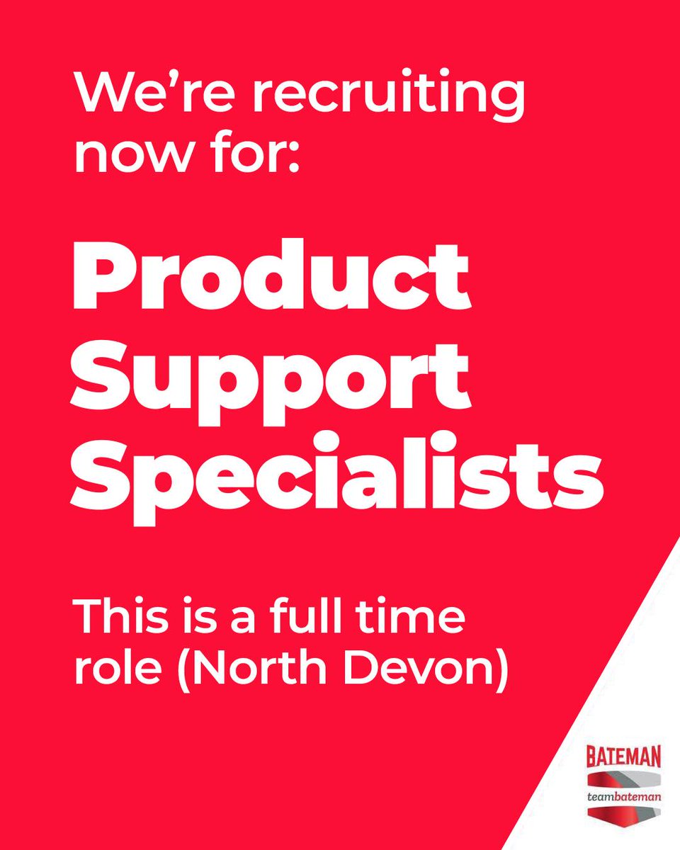 We're looking for full-time, permanent Product Support Specialists to deliver our excellent service level standards. 

For more info...
📞 Call us on 01769 580439
📧 Email Aideen.Bateman@batemansprayers.com

See details &amp; application info at:
batemansprayers.com/careers/

No agencies.