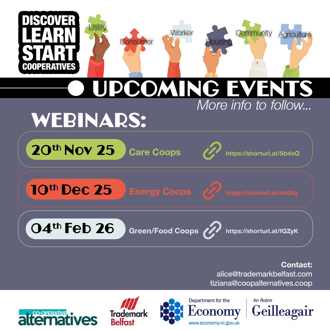 📢Upcoming cooperative events across NI! 

🔗Links to registration on each location.

Get your tickets now to Discover, Learn, Start Cooperatives upcoming WORKSHOPS and WEBINARS. Learn all about the different types of cooperatives and how to set one up.

<a href="/coopalts/">Co-op Alternatives</a> 
<a href="/Economy_NI/">Economy NI</a>