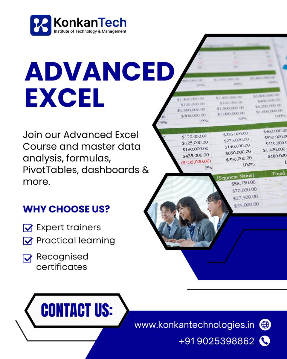 KonkanT24292's tweet image. Upgrade your skills with our Advanced Excel Course! 🚀
.
Gain hands-on experience in dashboards, formulas &amp;amp; data management.
.
🌐 konkantechnologies.in
| 📞 +91 9025398862
.
.
.
.
.
.
#ExcelMastery #ExcelExperts #CareerGrowth #KonkanTechnologies #Mhasla #Raidag #Maharashtra
